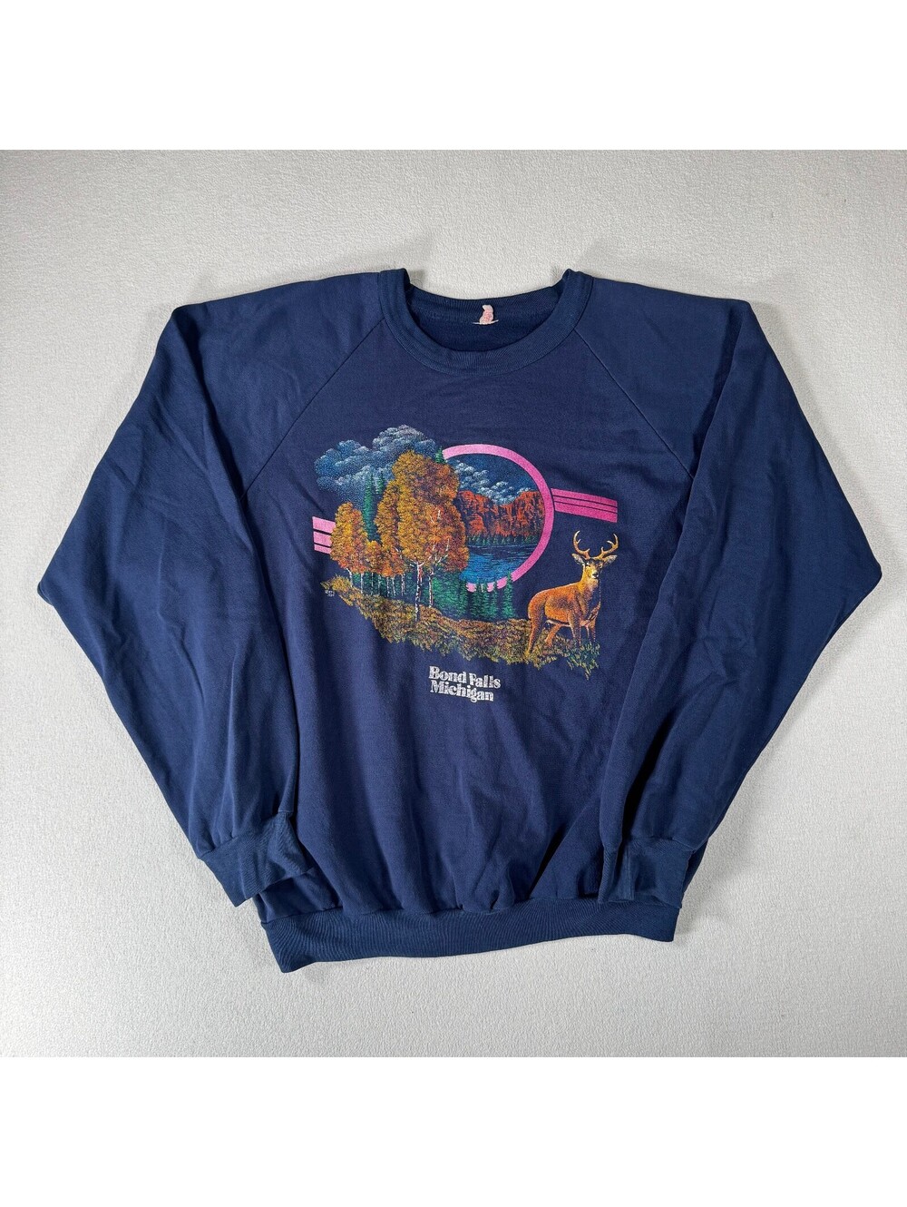 Vintage 1994 Bond Falls Michigan Navy Sweatshirt with Scenic Deer Print